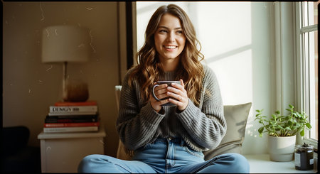 A smiling woman with long brown hair sits by a window, holding a coffee mug, surrounded by a lamp, books, and plants in a cozy home setting.の素材