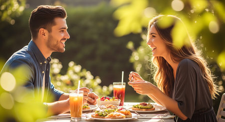 A smiling man and woman sit at a table outdoors, surrounded by lush greenery, sharing a meal and conversation on a sunny day.の素材