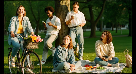 Group of five young adults laughing and socializing in a park, with one woman riding a bicycle with a basket of flowers, and others sitting on a blanket with a picnic spread.の素材