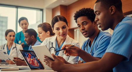 A diverse group of medical professionals gathered around a table, reviewing patient data on a tablet, with a focus on a heart image on the screen.の素材