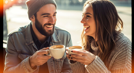 A smiling man and woman, dressed in casual attire, hold white coffee cups and gaze at each other with joy, set against a blurred outdoor background with warm sunlight.の素材