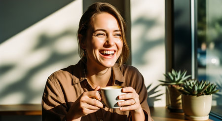 A smiling woman holds a cup of coffee in a cozy setting with potted plants on a table beside her, bathed in natural light from a nearby window.の素材