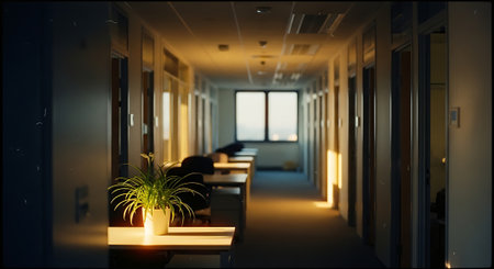 A dimly lit office hallway with cubicles, a potted plant on a table, and large windows allowing natural light to stream in.の素材