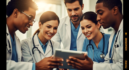 Five diverse medical professionals in white coats and stethoscopes gathered around a digital tablet, smiling and engaged in discussion.の素材