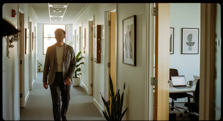 A man in a casual outfit walks down a bright, minimalist office hallway with white walls, potted plants, and framed artwork.の素材