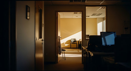 A dark office space with a computer monitor, leading to a sunlit conference room with chairs and a table.の素材