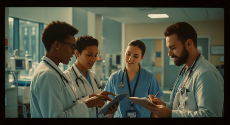 Four healthcare professionals in scrubs and lab coats review documents together in a well-lit hospital setting.の素材