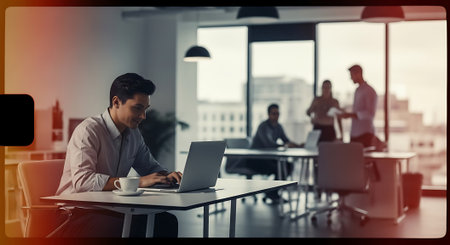 A man in a light blue shirt working on a laptop in a bright office with large windows, cityscape view, and colleagues in the background.の素材