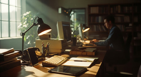 A cluttered wooden desk in a home office with a computer, keyboard, books, and a lamp. Sunlight streams in through a window, illuminating the workspace.の素材