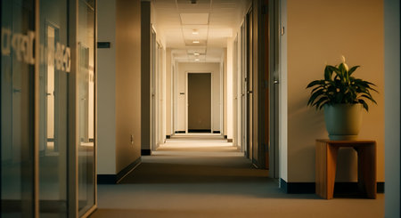 A long, well-lit hallway with white walls, wooden doors, and a potted plant on a small wooden stool.の素材