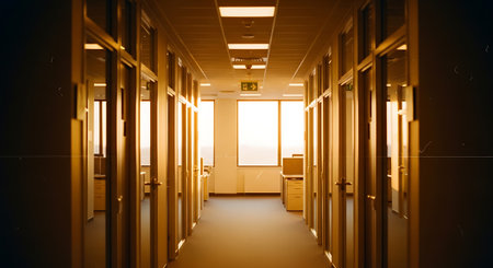 A long, dimly lit corridor with multiple closed office doors, illuminated by natural light from a window at the end.の素材