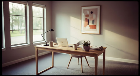 A bright, minimalist home office featuring a wooden desk, laptop, lamp, and potted plant near a large window.の素材