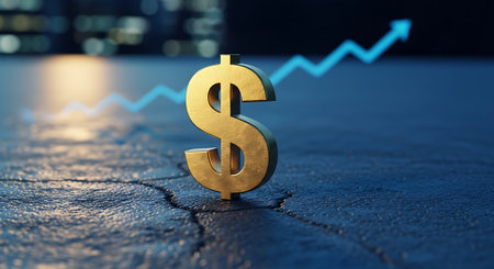 A golden dollar sign stands prominently on a dark, textured surface with a blue upward-trending graph line in the background.の素材
