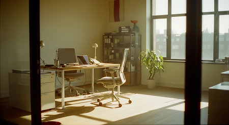 A bright, minimalist home office featuring a white desk, chair, and bookshelf. Natural light streams in through large windows, illuminating the green plant.の素材
