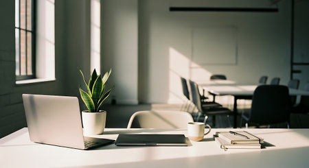 A minimalist office desk setup with an open laptop, small potted plant, notebook, pen, and coffee cup in a bright, airy room with natural light.の素材