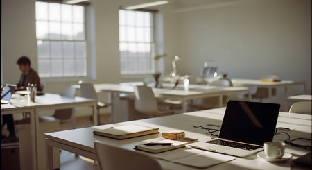 A bright study room with multiple desks, each equipped with a laptop, books, and stationery. Natural light fills the space, creating a calm atmosphere.の素材