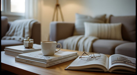 A relaxed living room setting with an open book, a cup of coffee, glasses, and a neatly made couch with pillows and a blanket.の素材