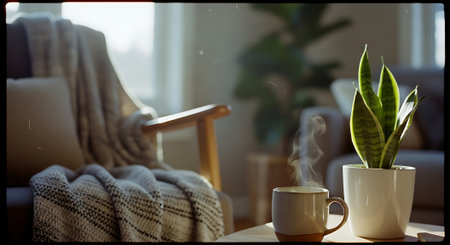 A warm, inviting living room with a steaming cup of coffee, a snake plant, and cozy blankets near a window.の素材