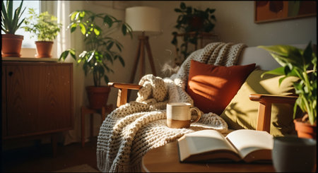 A serene living room scene with a book open on a blanket-covered couch, a cup of tea, and numerous potted plants.の素材