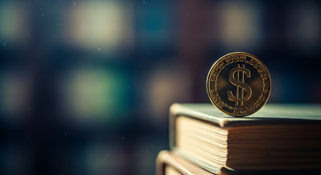 A close-up shot of a gold-colored dollar coin with a dollar sign, resting on the spine of a brown book.の素材