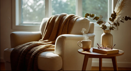 A serene living room scene with a beige armchair, knitted blanket, coffee cup, open book, and a vase of dried flowers on a side table.の素材