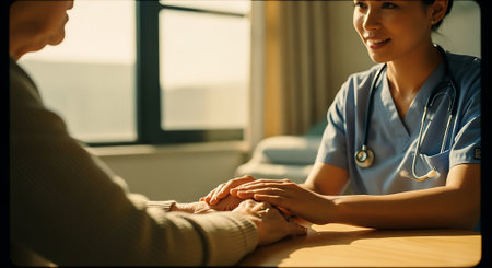 A nurse in blue scrubs holds a patient's hands in a hospital room, offering comfort and support. The scene is warmly lit with natural light from a window.の素材