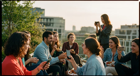 Group of friends having fun together on a rooftop terrace, drinking beer and eating pizzaの素材