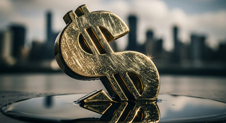 Dollar sign on the background of the city. Close-up.の素材