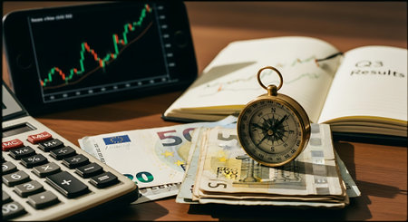 Compass, euro banknotes and calculator on the table in officeの素材