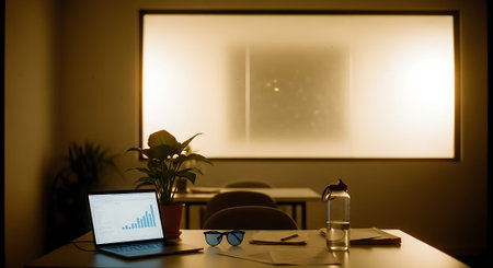 Laptop and glasses on the table in the office. Night lightの素材