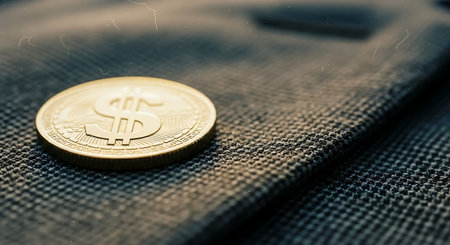 A close-up view of a gold-colored Bitcoin coin resting on a textured denim surface.の素材