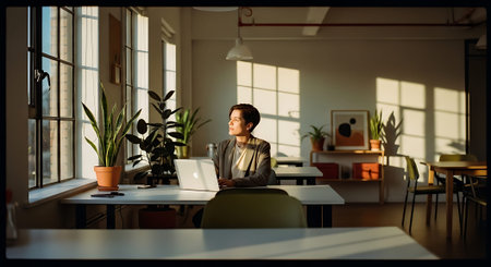 Young businesswoman sitting at her desk in the office with a laptopの素材