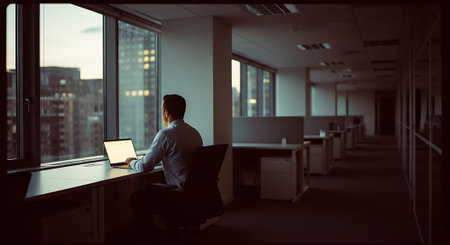 Businessman working on laptop in modern office at night. Mixed mediaの素材