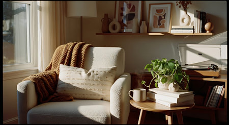 A serene reading corner featuring a beige armchair with a knitted blanket, a side table with books, a potted plant, and natural light from a window.の素材