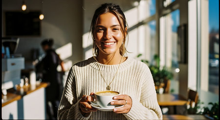 A young woman smiling and holding a white coffee cup in a bright, modern cafe with natural light and indoor plants.の素材