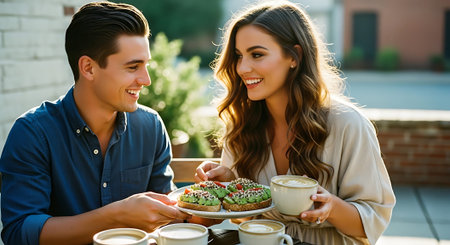 A young couple smiling and sharing a meal outdoors, with a salad, coffee cups, and pastries on the table.の素材