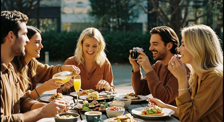 A group of friends sharing a meal outdoors, taking photos with cameras, with various dishes and drinks on the table.の素材
