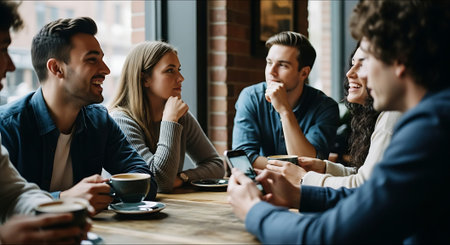 A group of young adults laughing and conversing at a cafe table with coffee cups and smartphones.の素材