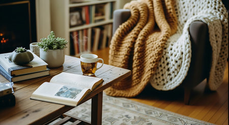 A warm living room scene featuring an open book, tea cup, potted plants, and a knitted blanket on a chair.の素材