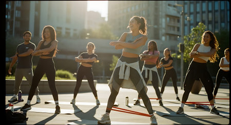 A diverse group of people exercising outdoors in an urban area during sunset, performing various fitness movements in athletic wear.の素材