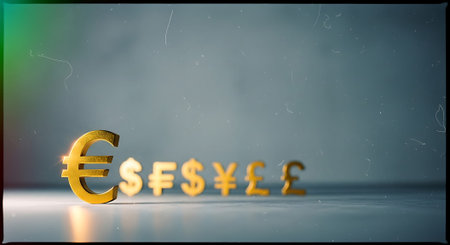 Close-up of golden euro, dollar, yen, and pound symbols on a dark, textured surface with a shallow depth of field.の素材