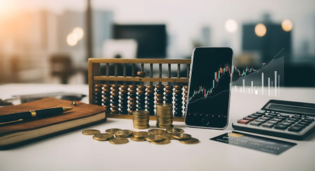 Gold coins, an abacus, and a smartphone displaying a stock chart on a desk with a calculator and notebook.の素材