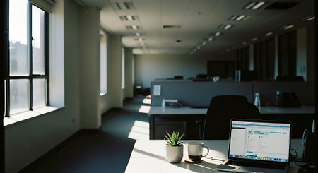 A spacious, empty office with natural light streaming in through large windows, illuminating a desk with a laptop, plant, and coffee mug.の素材