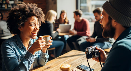 Two smiling individuals enjoying coffee at a wooden table in a bustling cafe with other patrons in the background.の素材