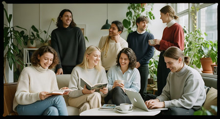 Diverse group of people working together in a bright, plant-filled office. Some are sitting on a couch, while others stand, engaging in conversation and using laptops.の素材