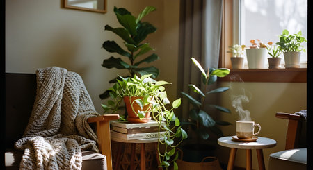 A cozy indoor setting with potted plants, a stack of books, a steaming cup of tea, and a comfortable chair draped with a blanket.の素材