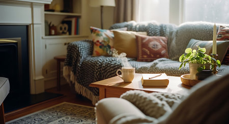 A warm, inviting living room featuring a gray sofa with colorful pillows, a coffee table with a book, mug, and potted plant, and a fireplace.の素材