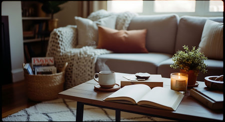 A warm living room scene with an open book, cup of tea, candle, and potted plant on a wooden coffee table. A comfortable sofa with pillows and a woven basket are visible.の素材