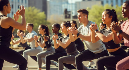 Diverse group performing yoga poses outdoors in a city park, led by an instructor.の素材