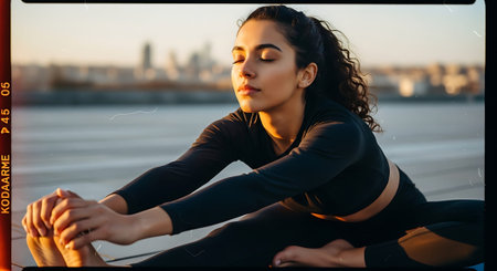 A woman in a black long-sleeve top and leggings performs a yoga pose by the water during sunset, with a city skyline in the background.の素材